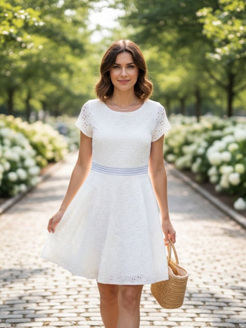 White Eyelet Lace Short Sleeve Fit & Flare Dress w/Beaded Waist Detail